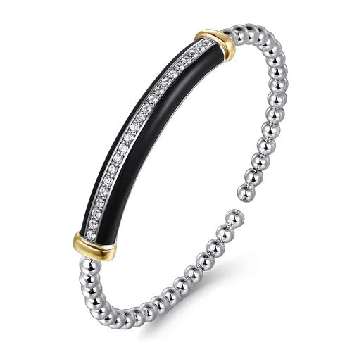 14K Yellow Gold and 925 Sterling Silver Bujukan White Sapphire Bangle with Black Enamel